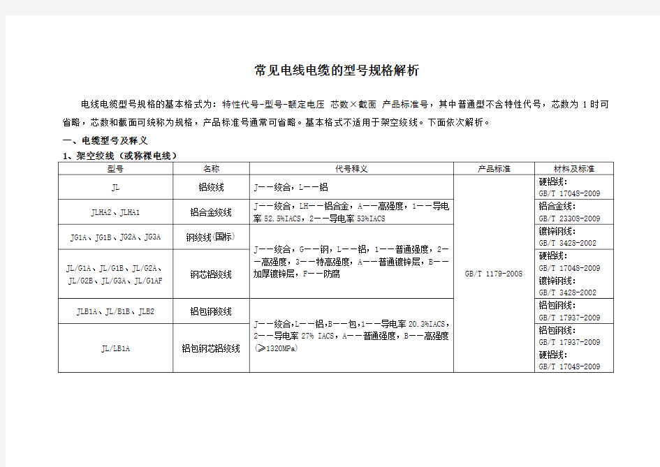 常见电线电缆的型号及规格解析