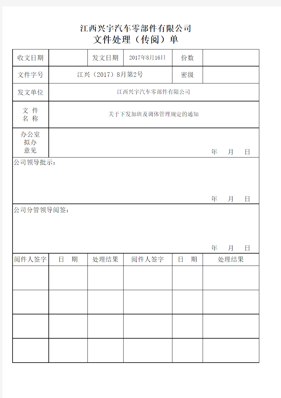 常用文件来文处理(传阅)单格式