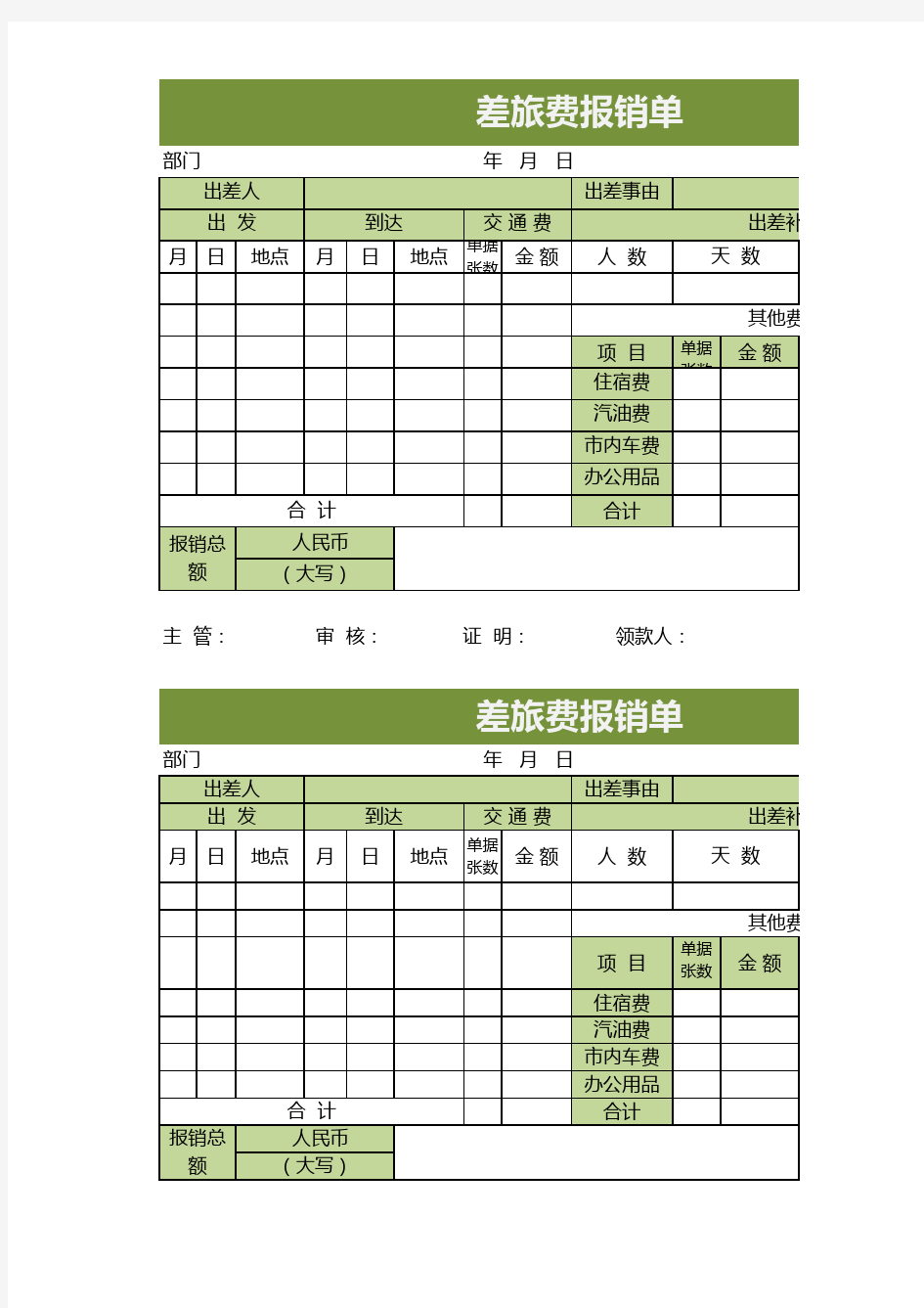 差旅费用报销单excel模板