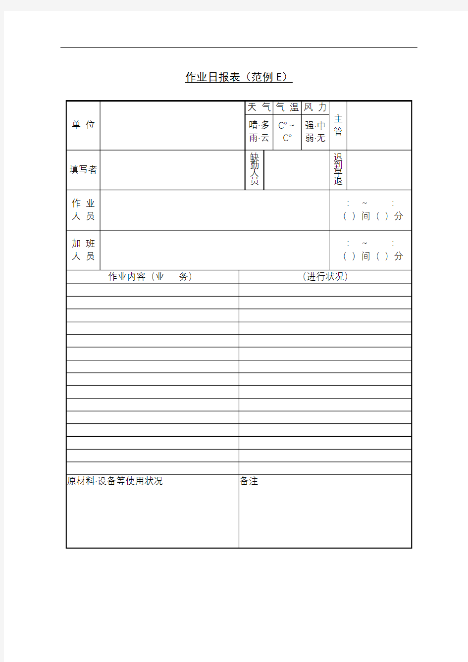 作业日报表范例E表格格式