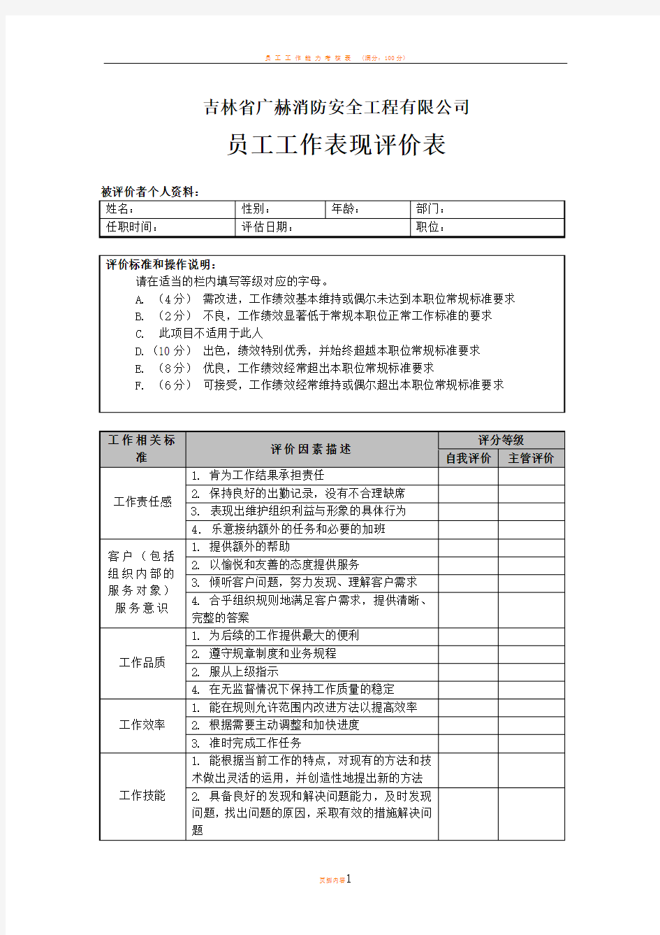 员工工作表现评价表