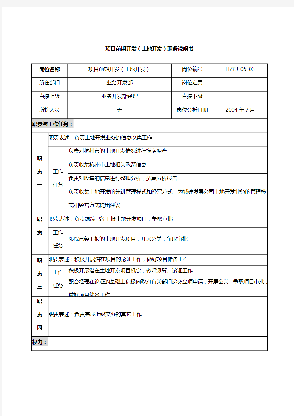 项目前期开发(土地开发)岗位职责