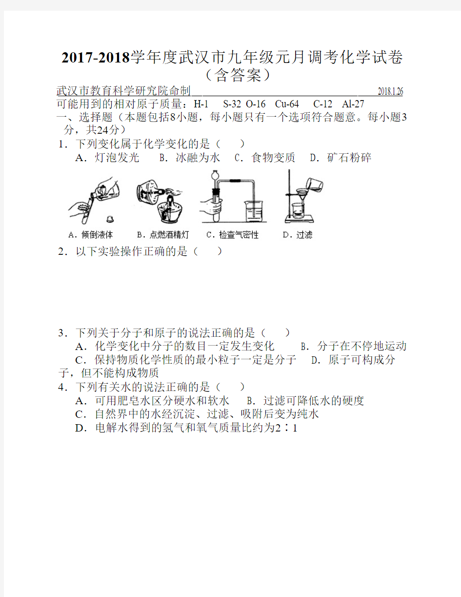 2018年武汉市元月调考九年级    化学试卷(含答案)