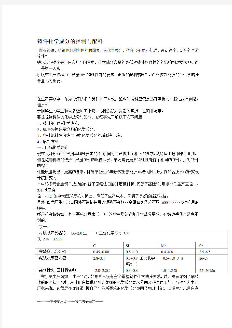 铸件化学成分的控制与配料