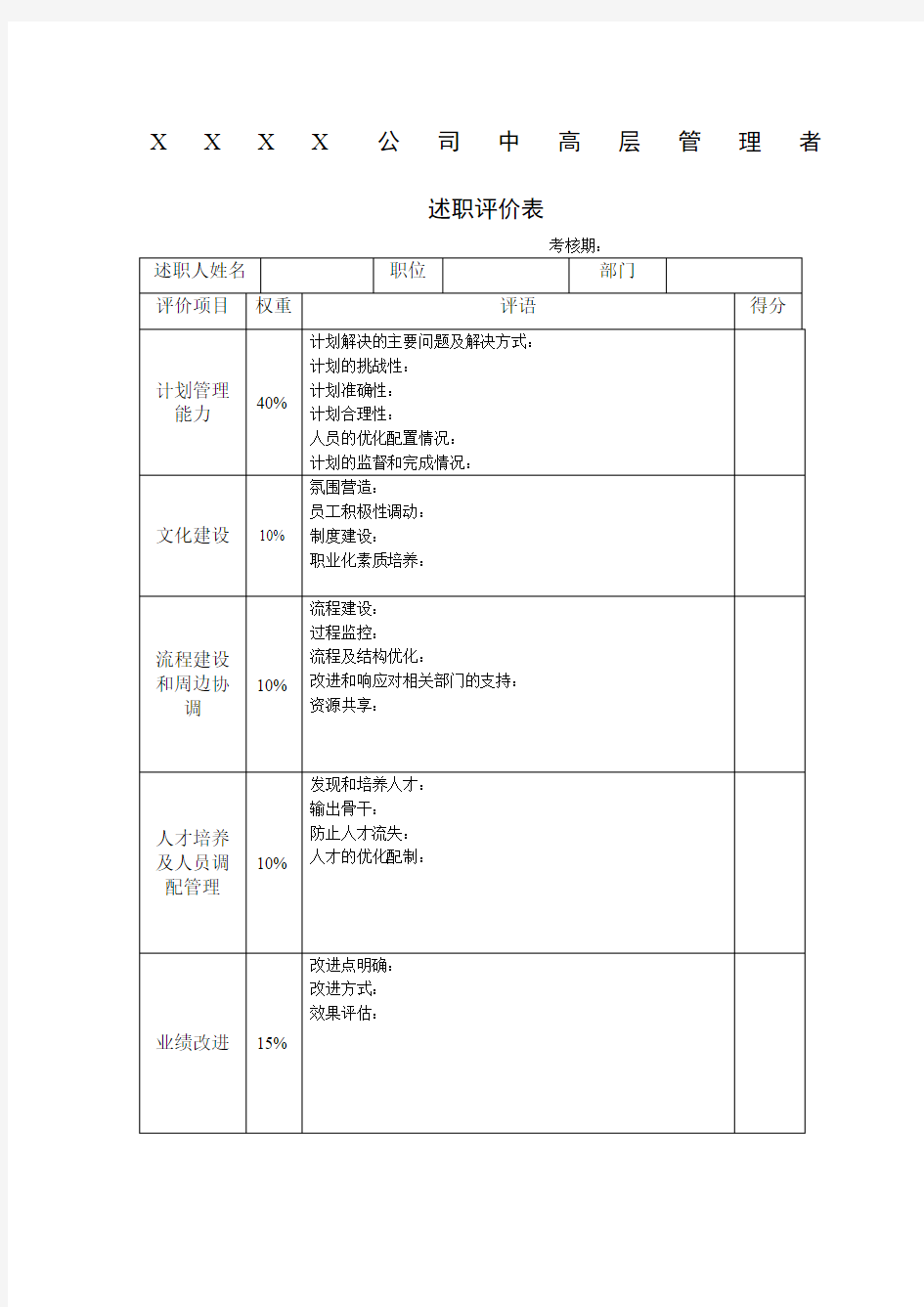 某司中高层管理者述职评价表