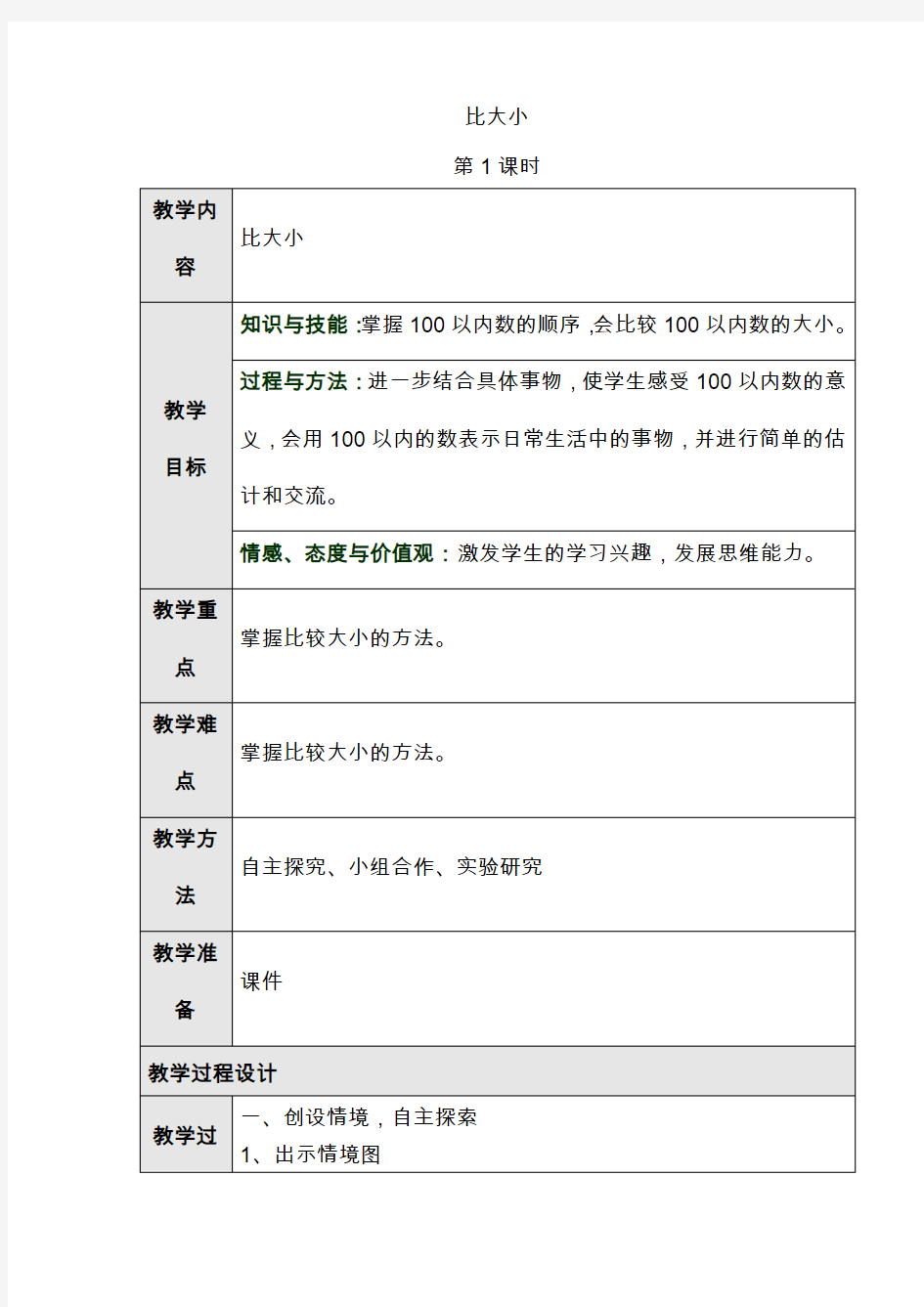 最新人教版一年级数学下学期数的顺序、比较大小第二课时教学设计