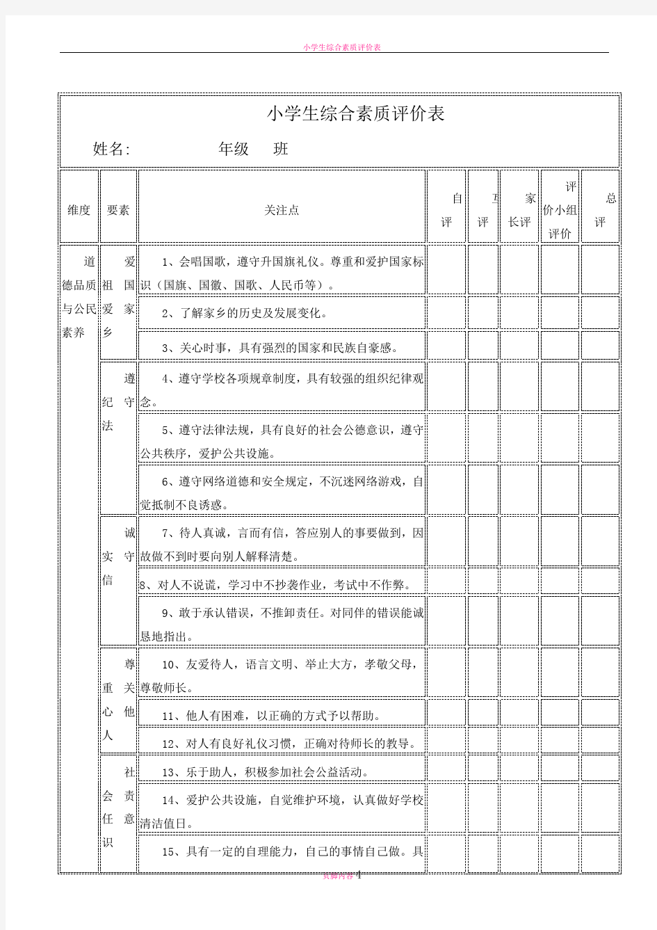 小学生综合素质评价表