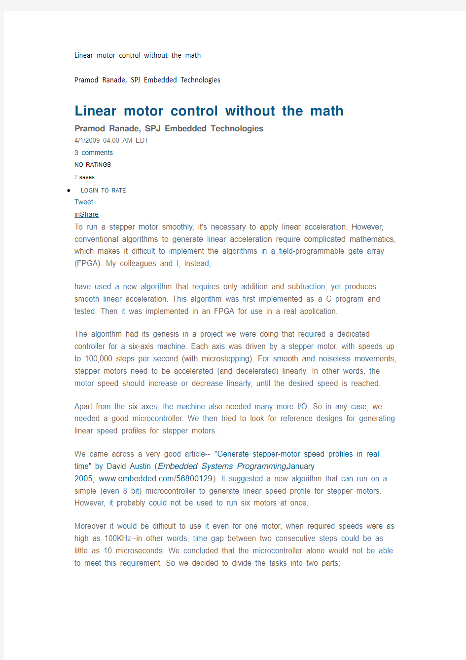 Linear motor control without the math by Pramod Ranade