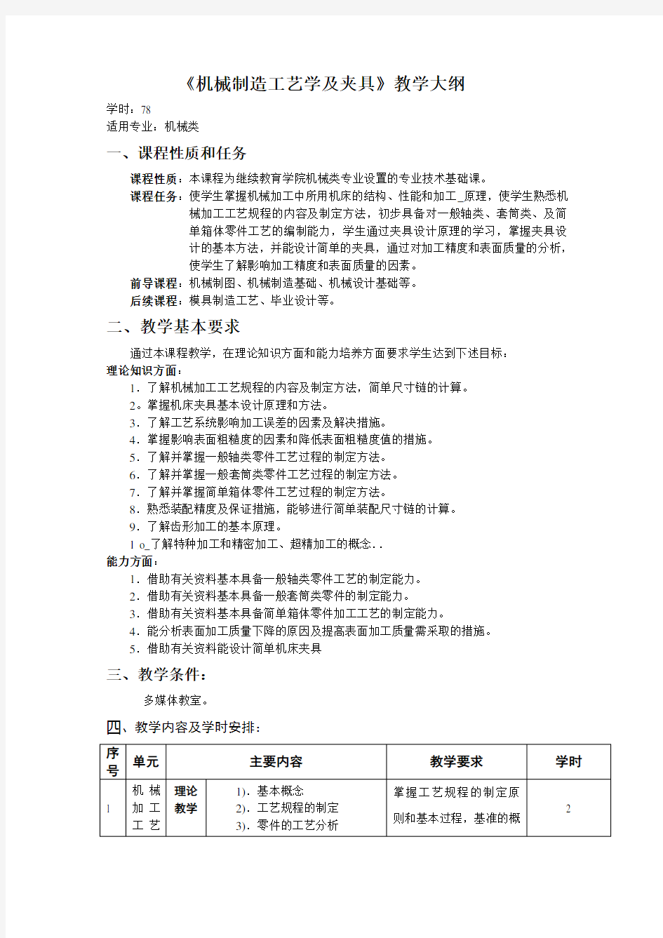 (机械制造行业)机械制造工艺学及夹具教学大纲