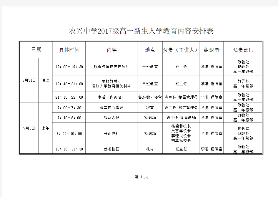 2017级高一新生入学教育内容安排表