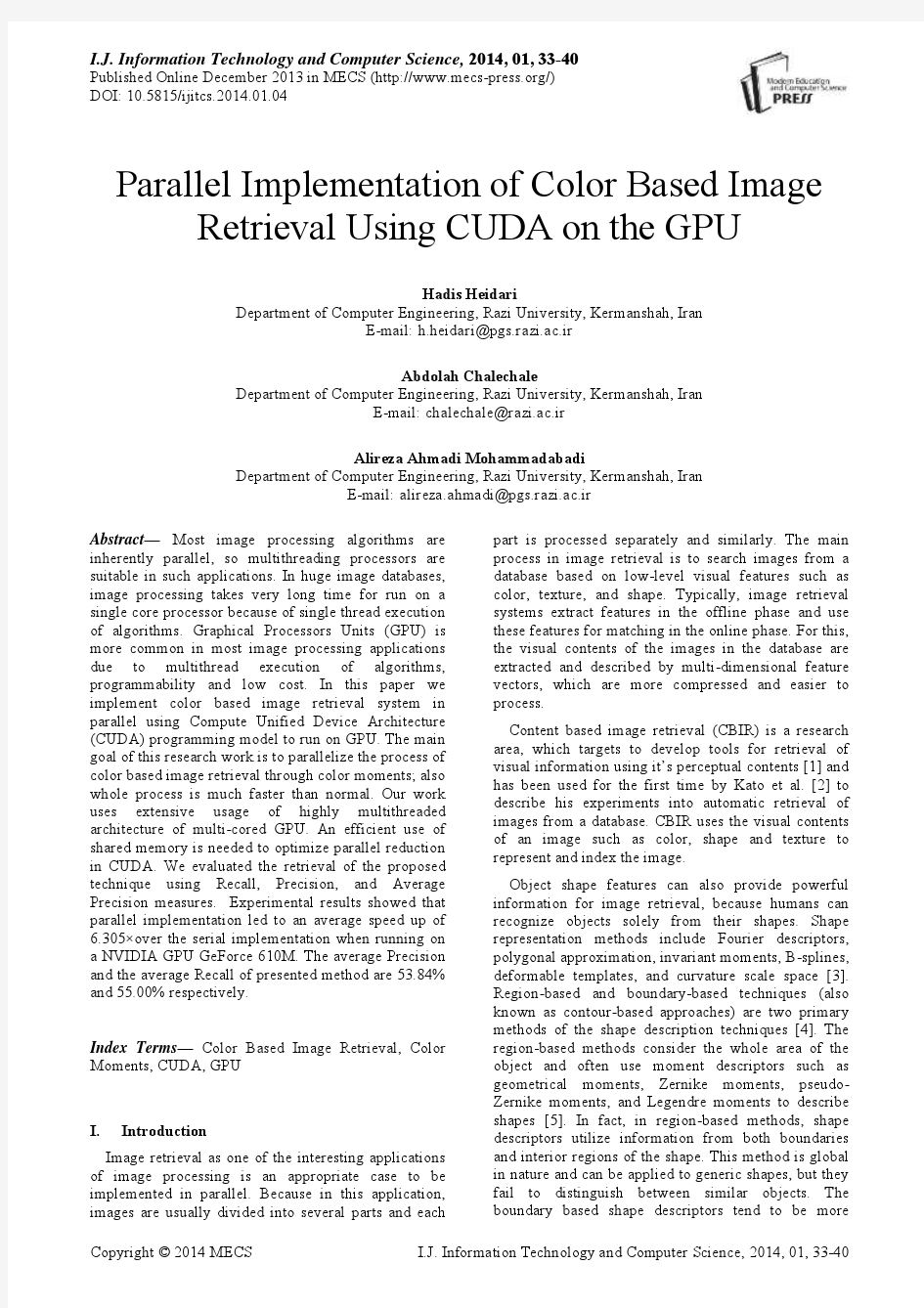 基于CUDA的彩色图像检索在GPU上的并行实现(IJITCS-V6-N1-4)