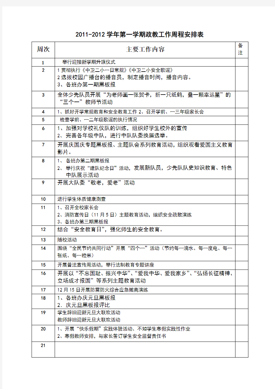 政教处第二学期工作安排表