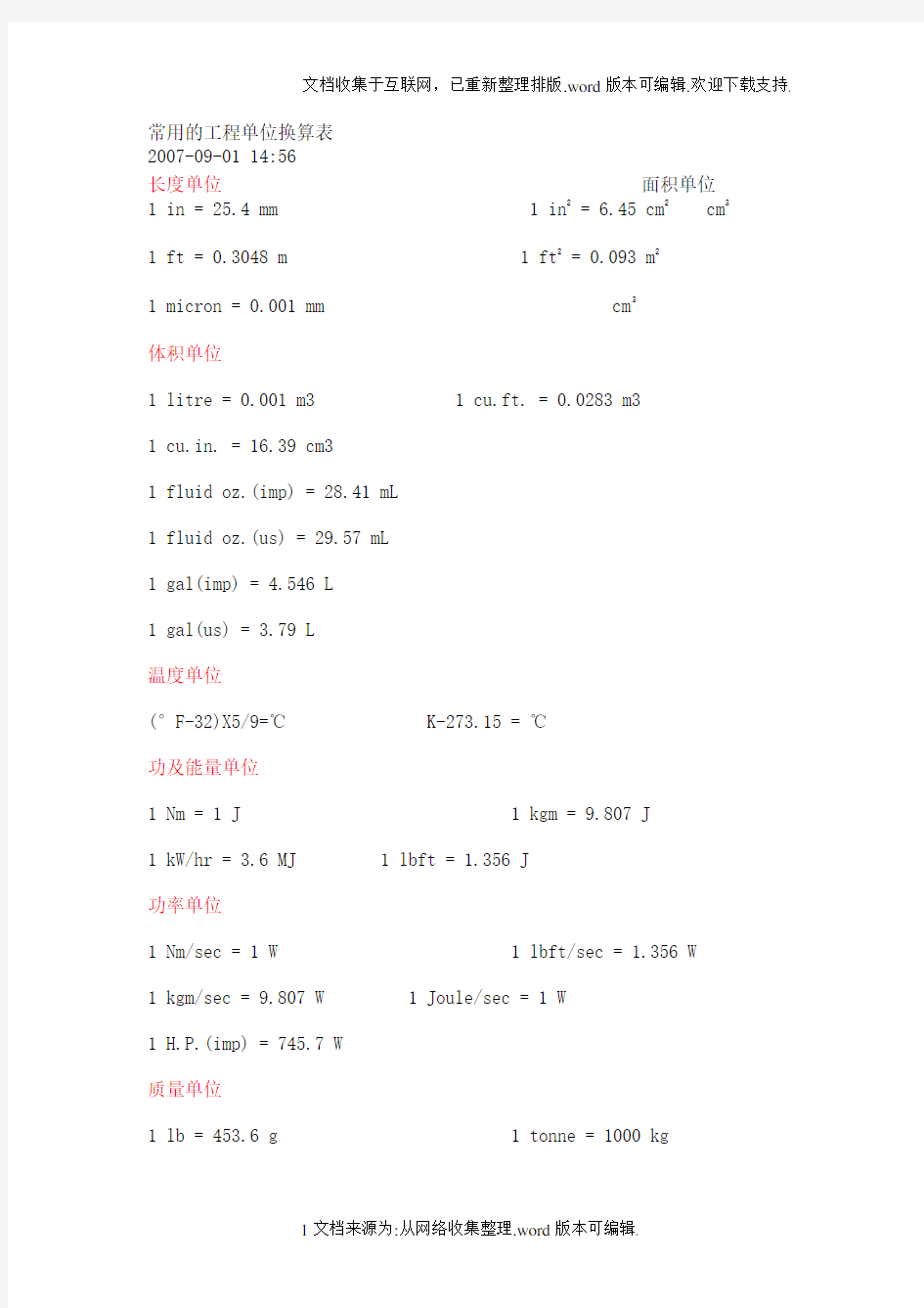 常用的工程单位换算表