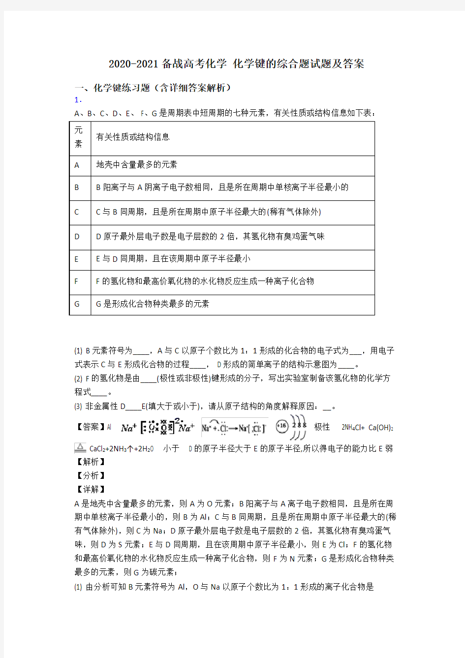 2020-2021备战高考化学 化学键的综合题试题及答案