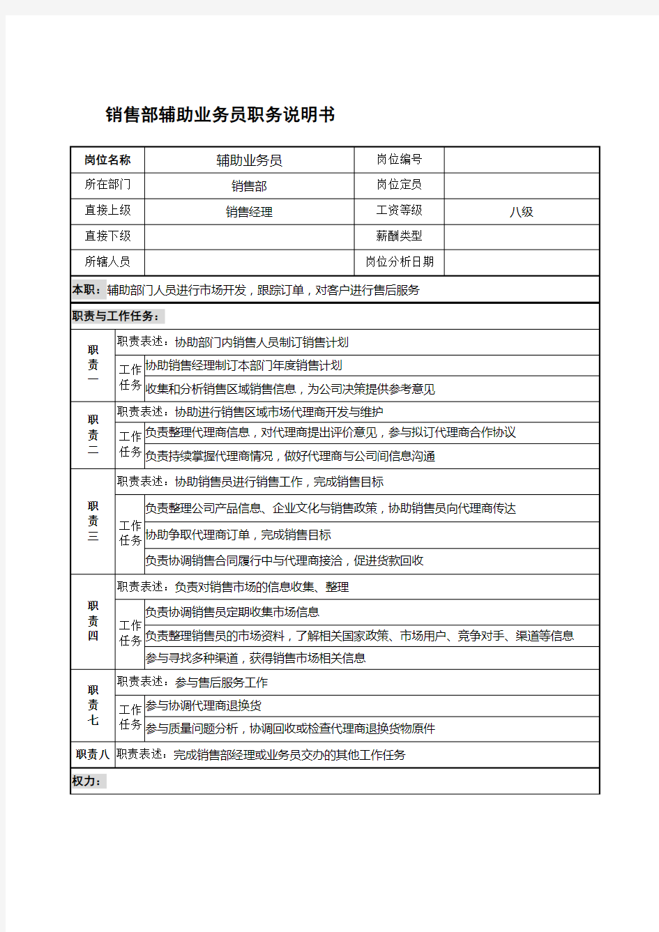 销售部辅助业务员岗位职责