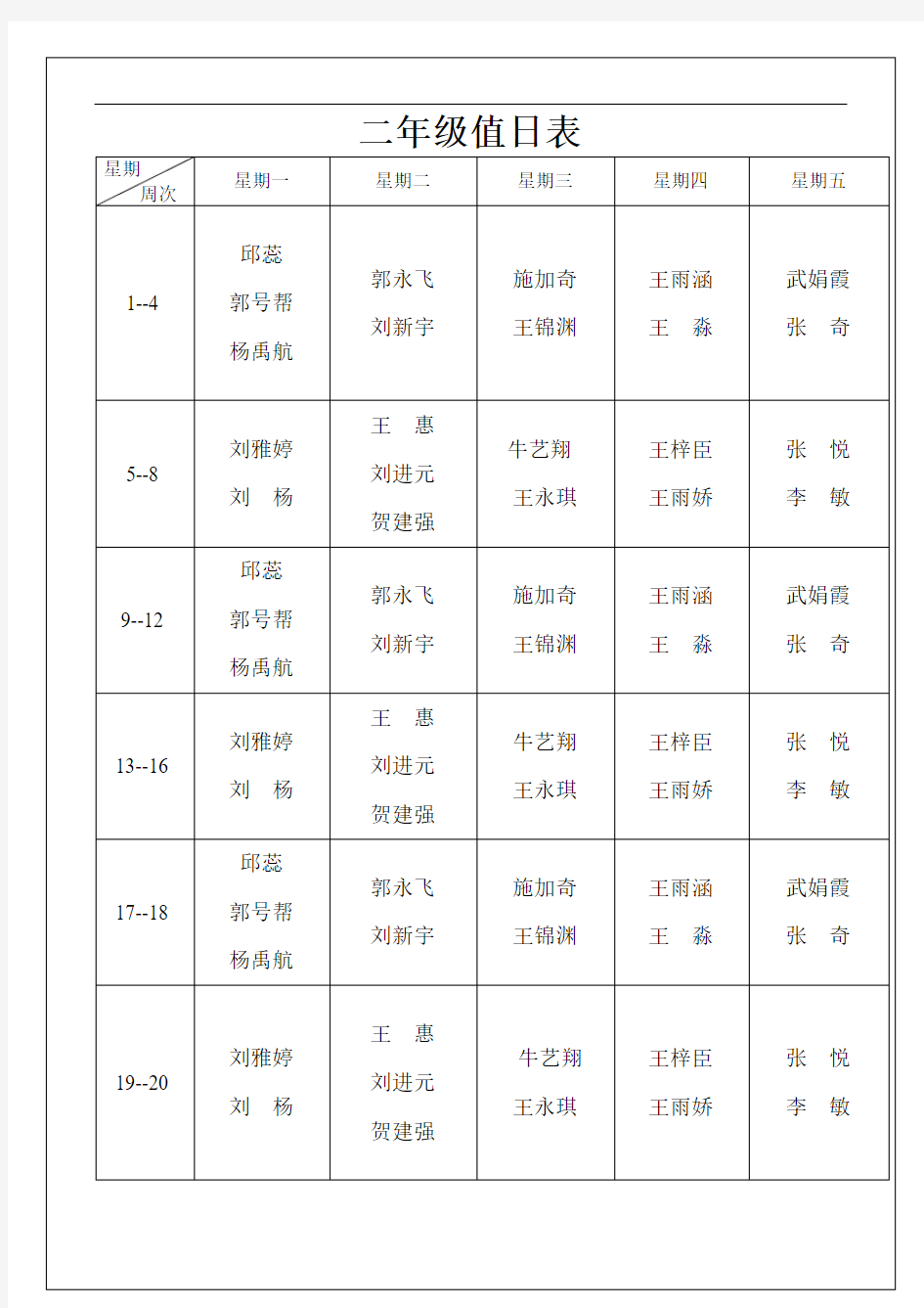 一年级值日表1(1)