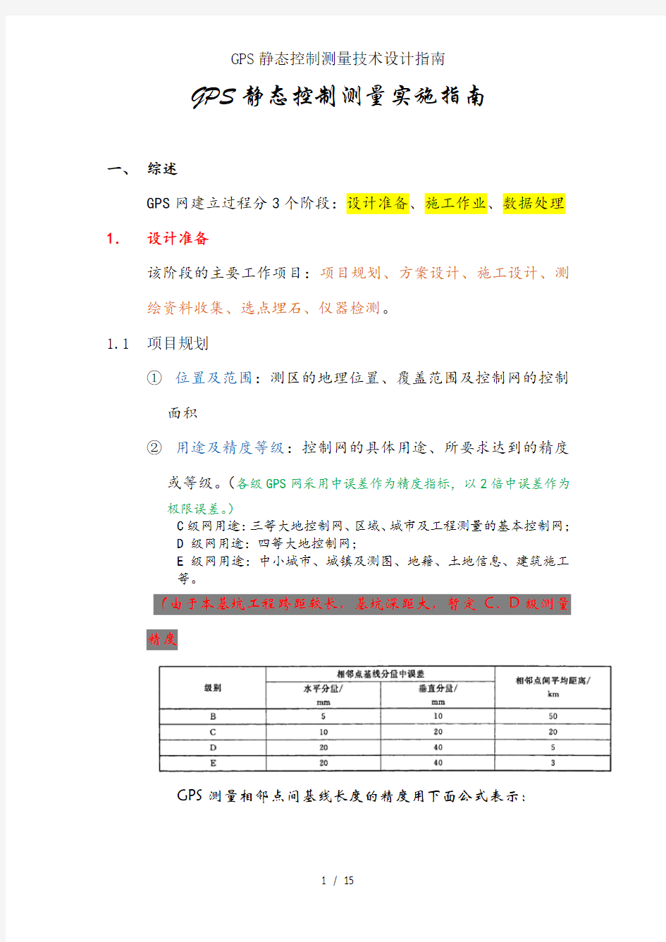 GPS静态控制测量技术设计指南