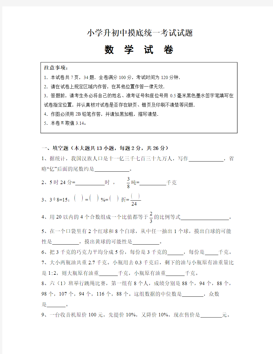 2018年小学升初中摸底统一考试试题