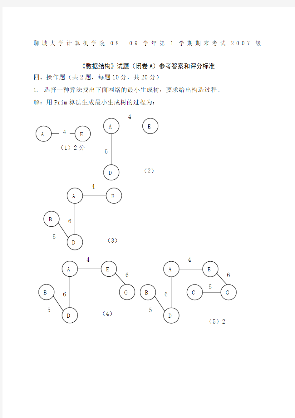 聊城大学计算机学院数据结构A答案