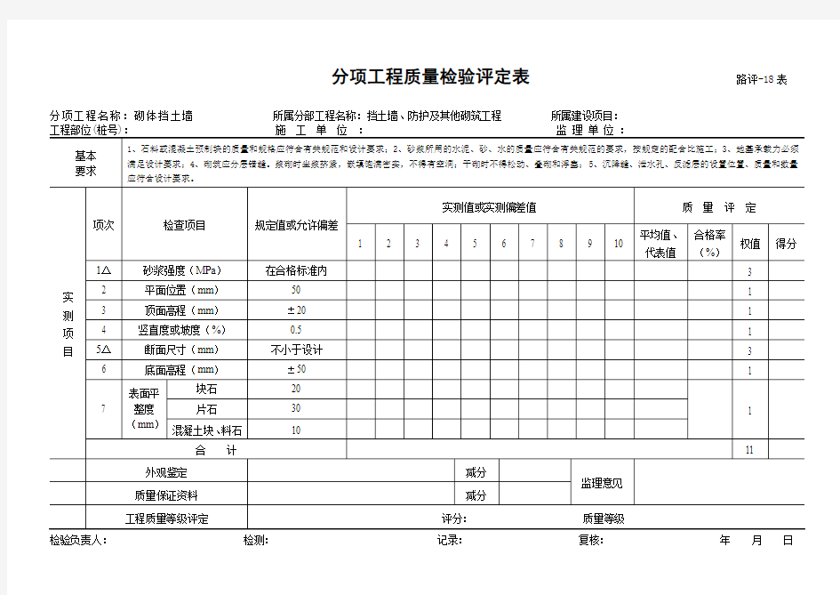 砌体挡土墙质量检验评定表