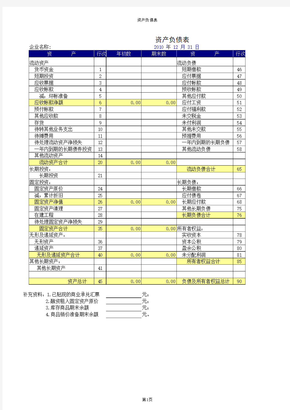 资产负债表电子表格版