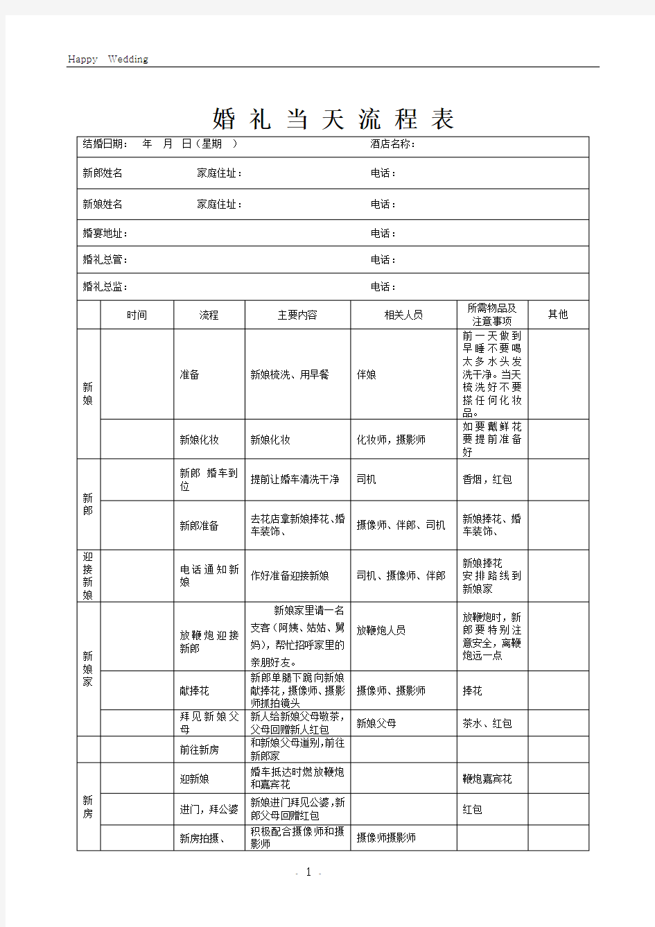 婚礼当天流程表(详细版)