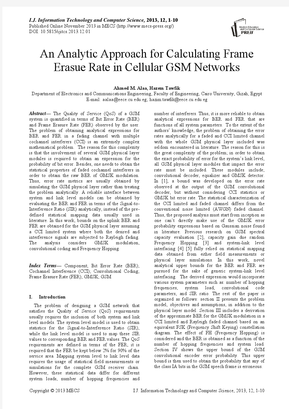 基于蜂窝GSM网络计算帧Erasue率的一种分析方法(IJITCS-V5-N12-1)