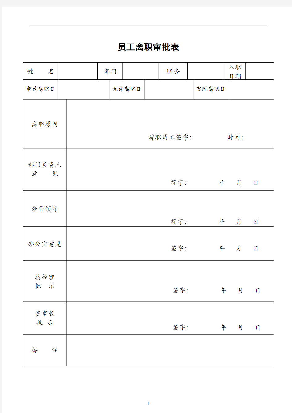 员工离职手续审批表