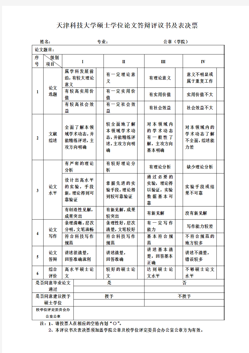 天津科技大学 硕士学位论文评议书及答辩表决票