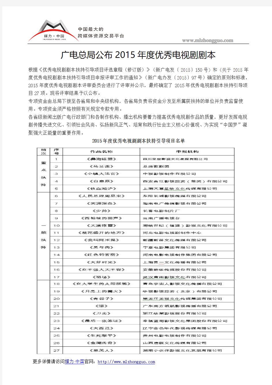 广电总局公布2015年度优秀电视剧剧本