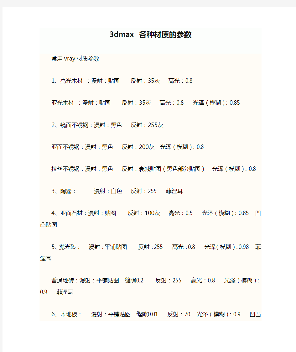 3dmax 各种材质的参数