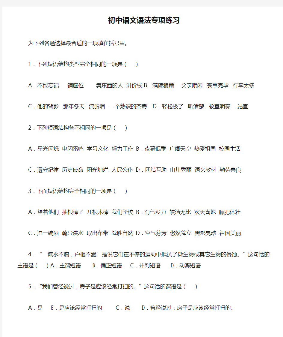 初中语文语法专项练习含答案