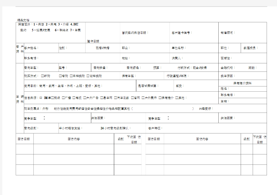 最新4S店销售意向客户管理卡资料