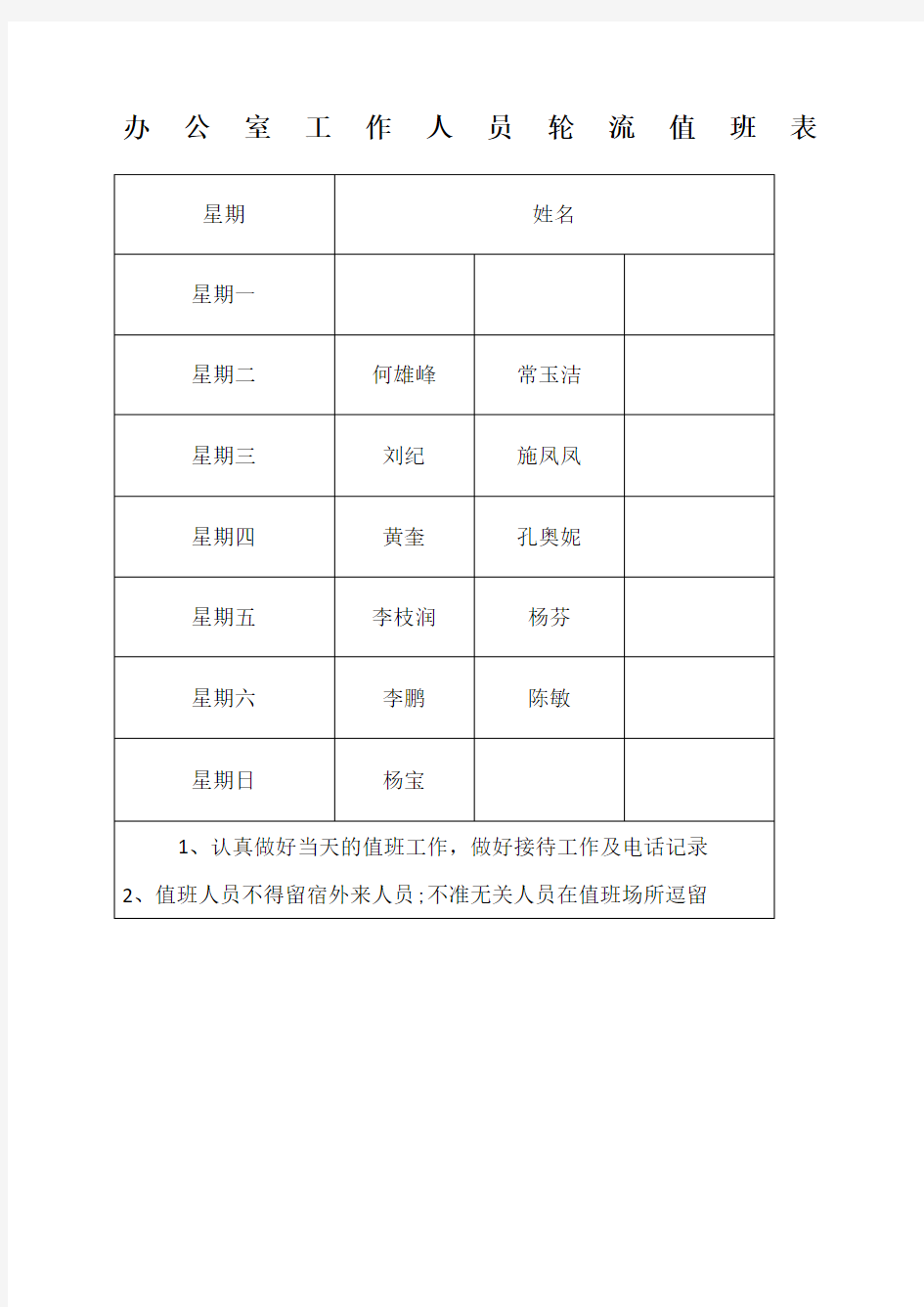 办公室工作人员轮流值班表精选