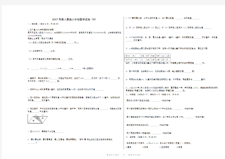 2017年新人教版小升初数学试卷(6)