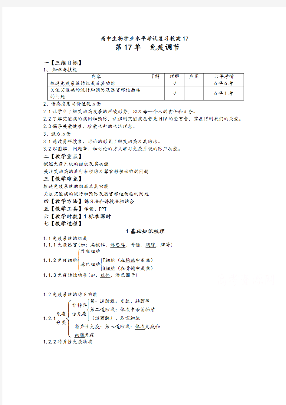 人教版高中生物学业水平考试复习教案_第17单元免疫调节