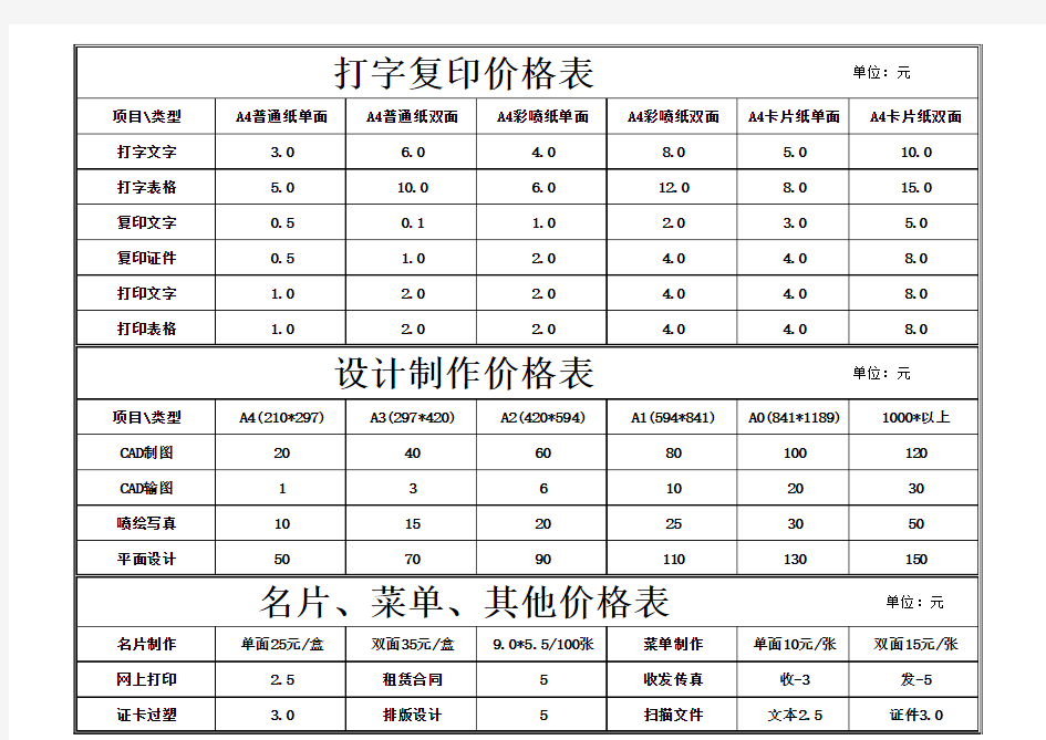 复印打字价格表