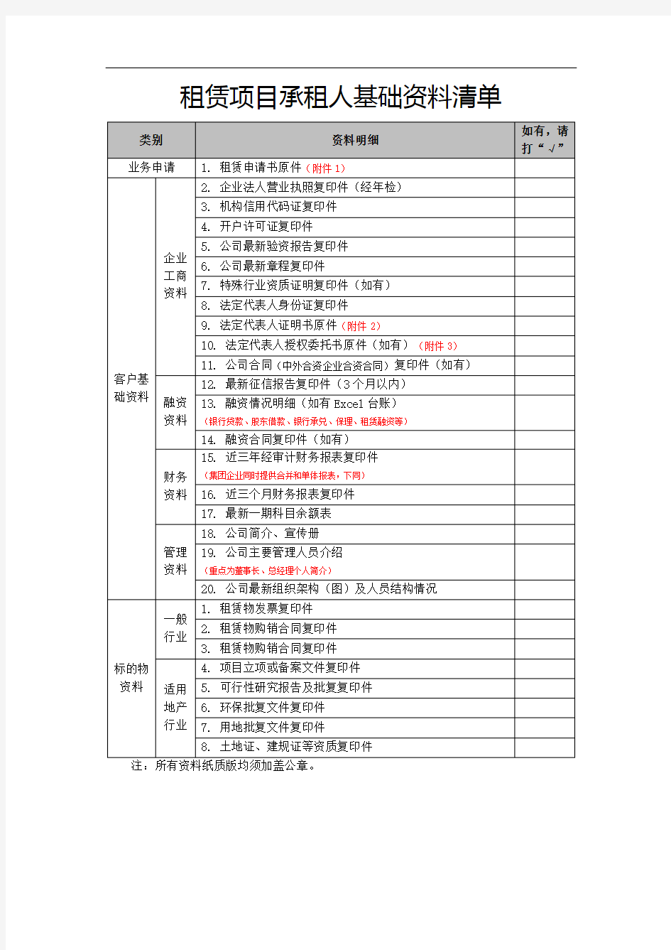 融资租赁业务承租人基础资料清单