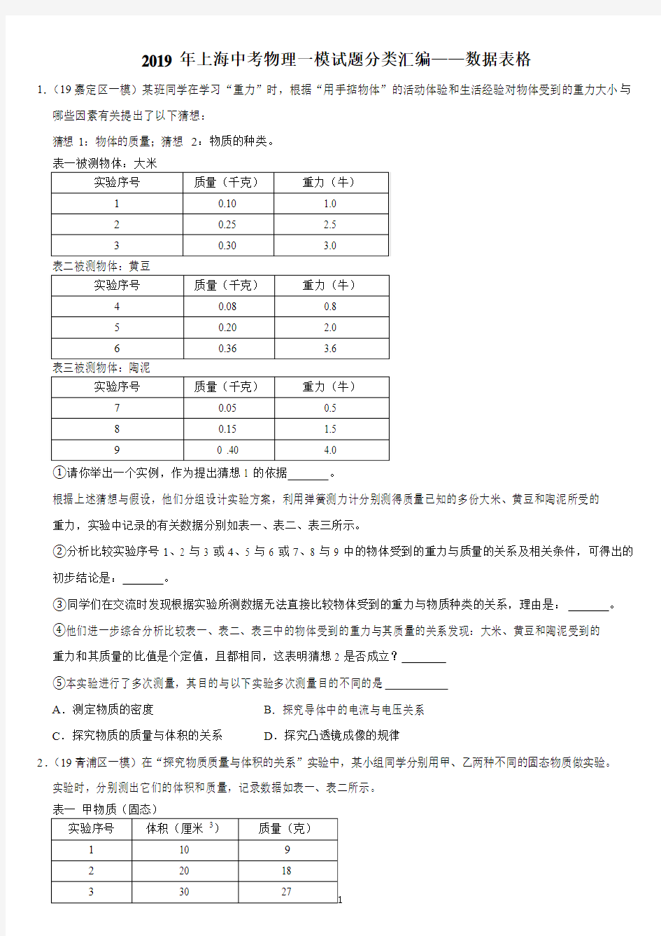 2019年上海各区中考物理一模试题分类汇编——数据表格((word版含答案)