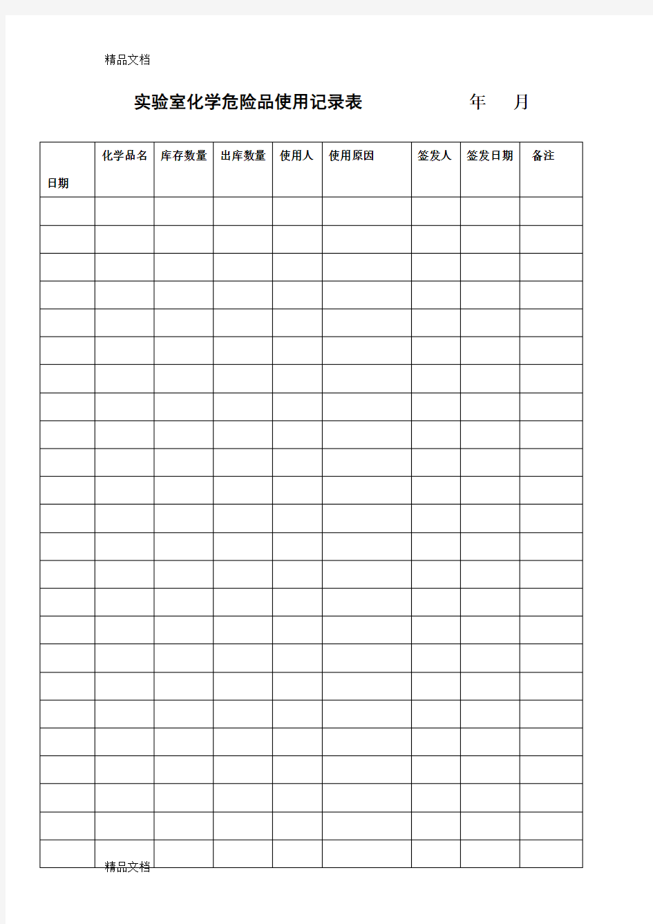 最新实验室化学危险品使用记录表