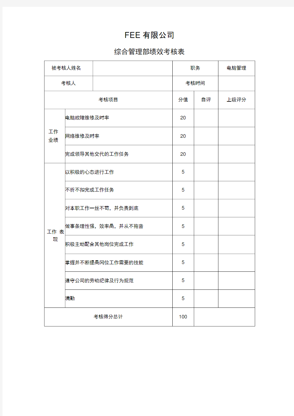 综合管理部绩效考核表