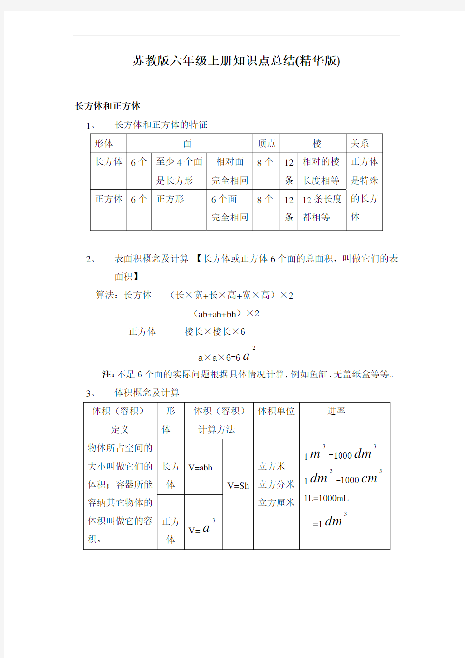 苏教版六年级数学上册知识点总结(精华版)