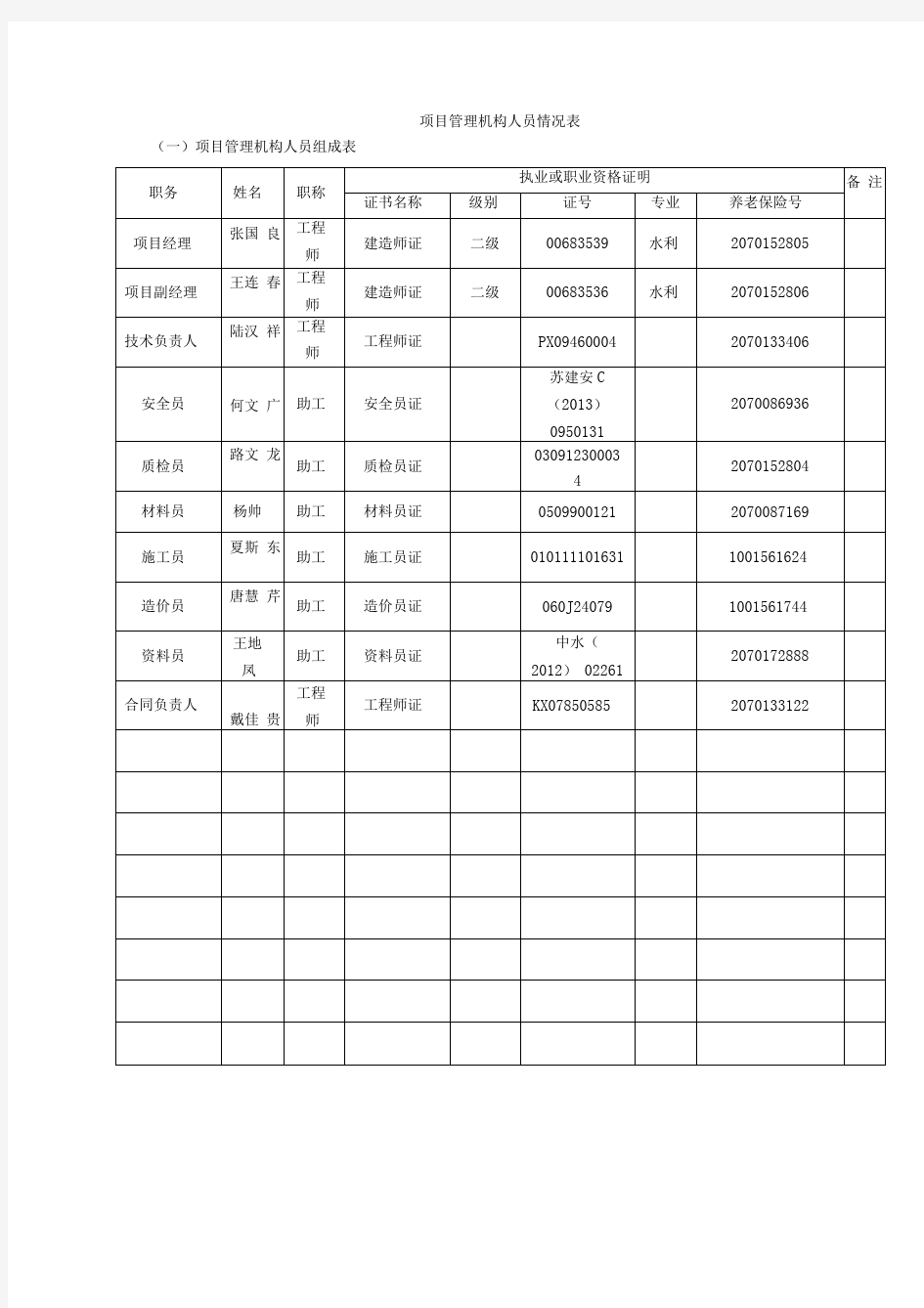 项目管理机构人员情况表