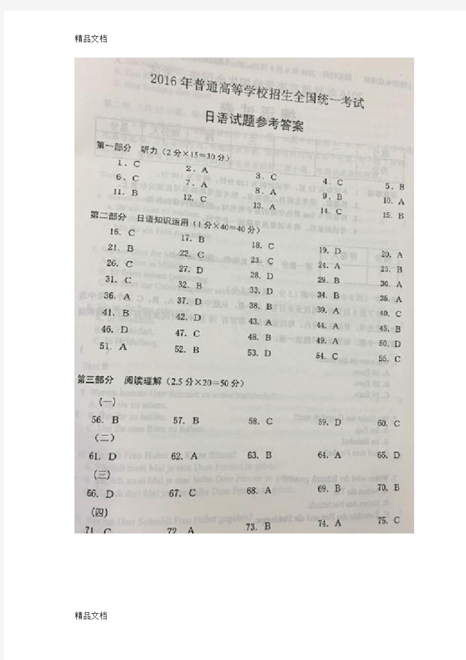 最新全国高考日语卷含答案