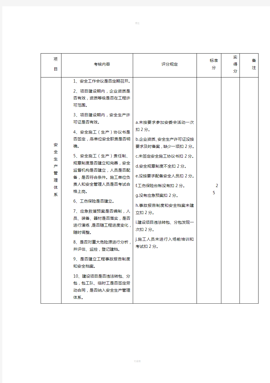 基建项目安全检查内容及评分标准