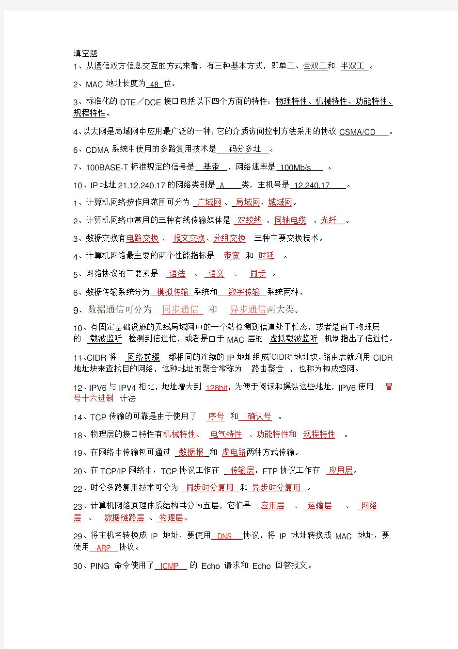 计算机网络填空题练习题(含答案)