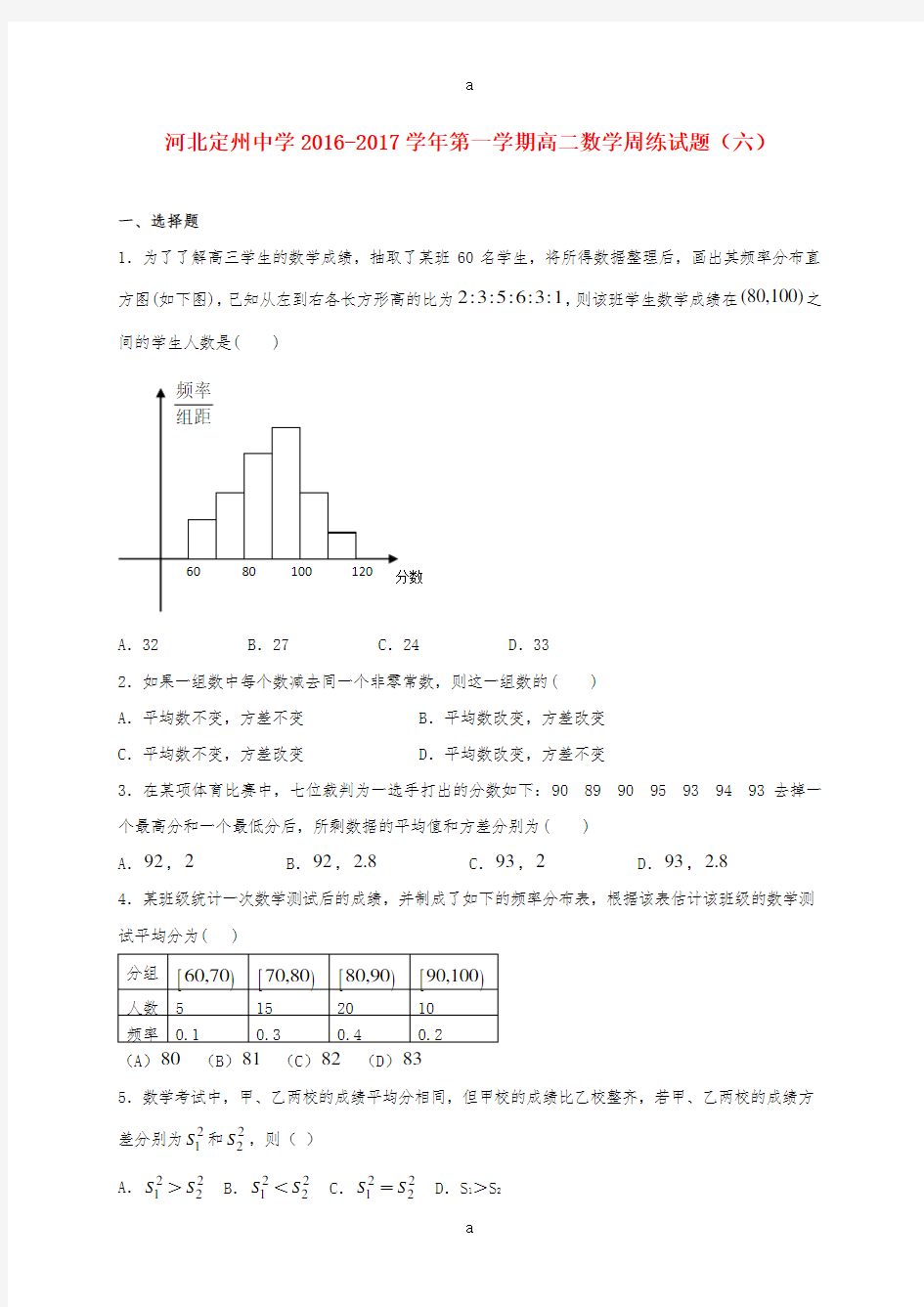 高二数学上学期周练试题(10.16)