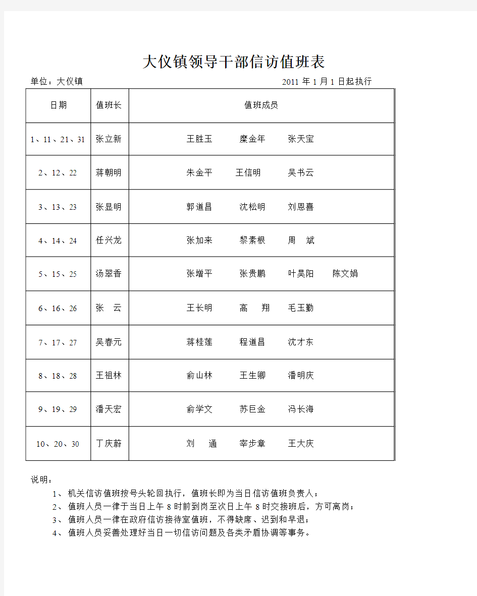 大仪镇领导干部信访值班表