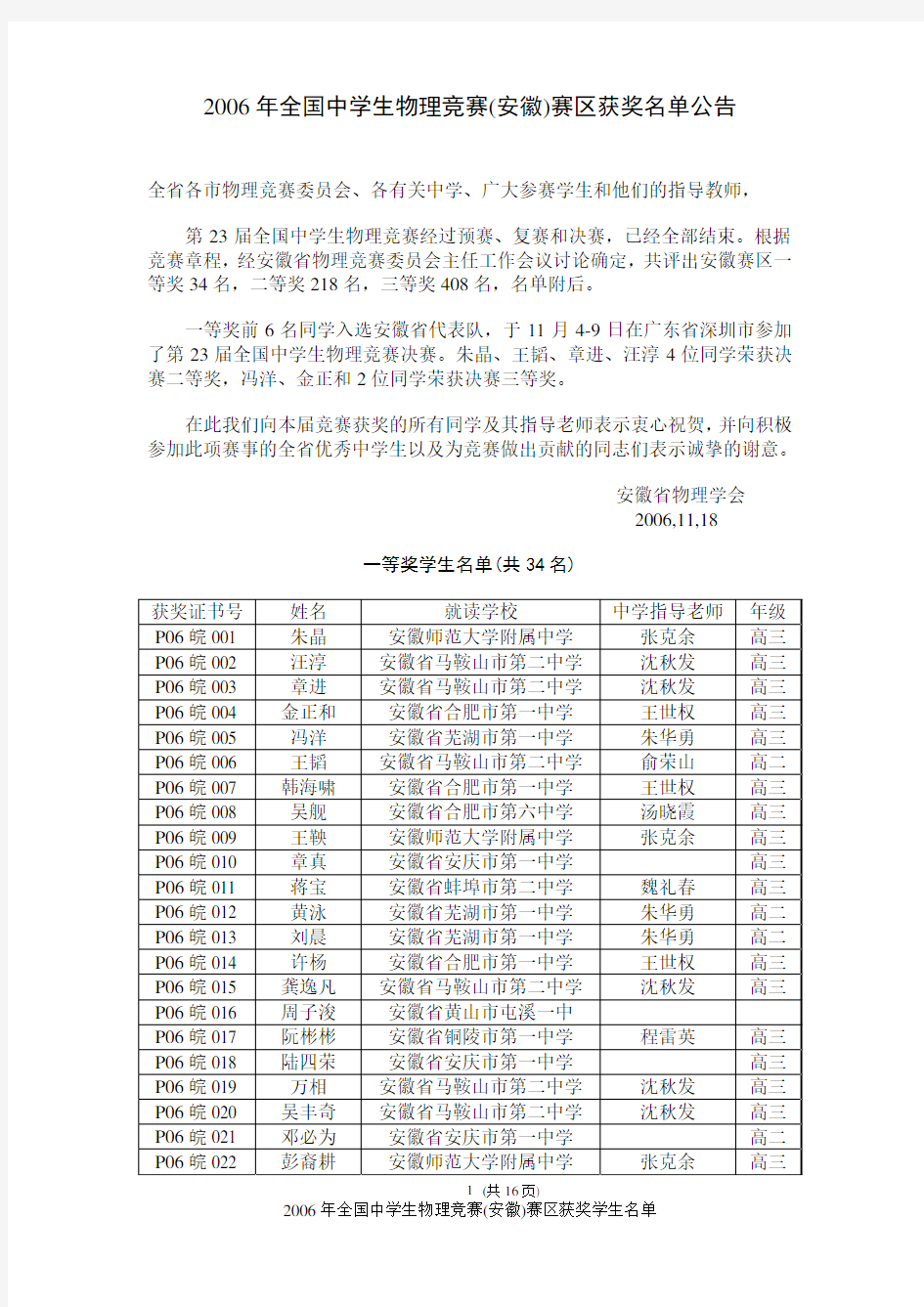 2006年全国中学生物理竞赛(安徽)赛区获奖学生名单