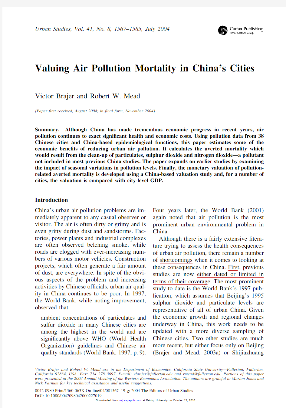 Valuing Air Pollution Mortality in China's Cities